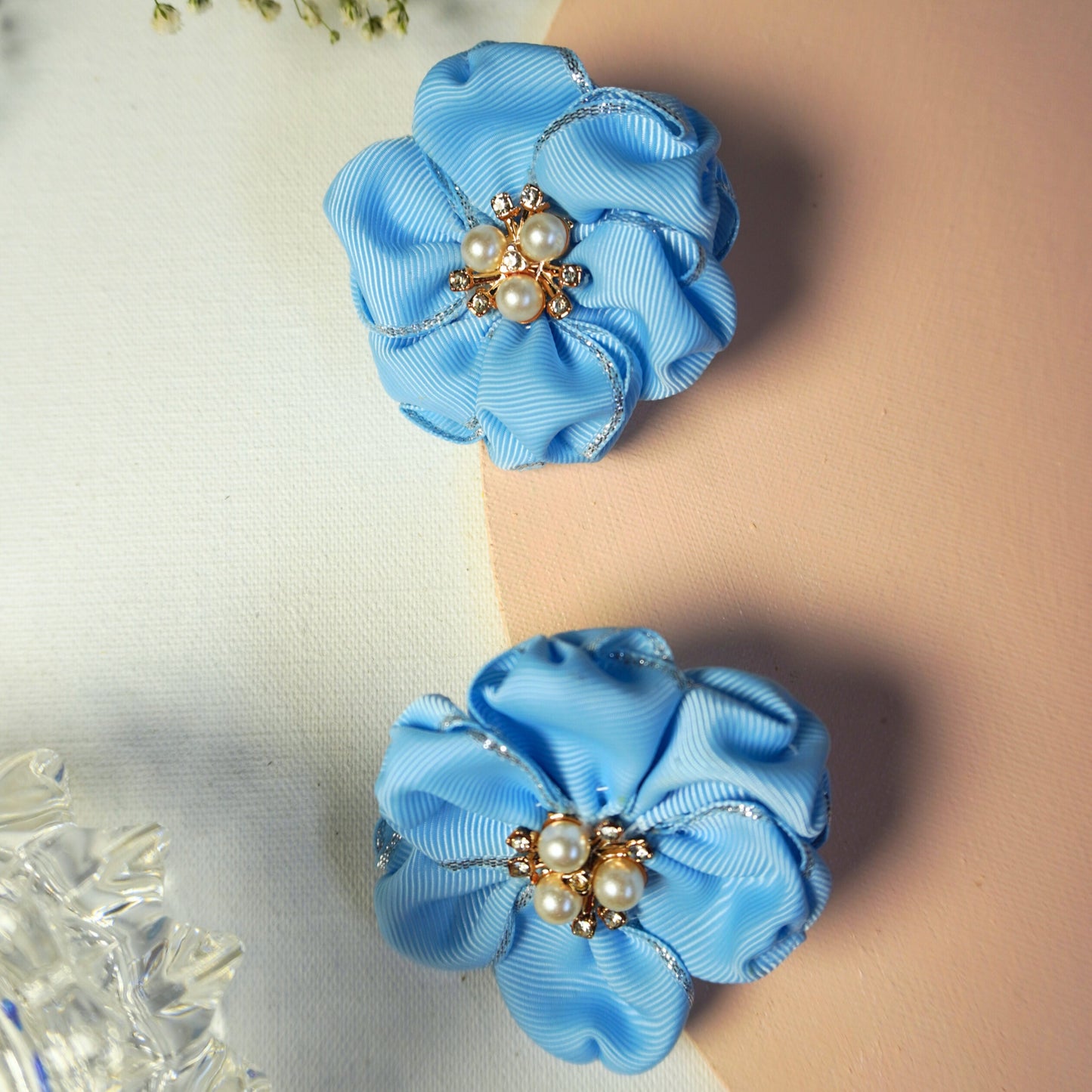 Blue grosgrain ribbon flower hair ties with pearl accents – Tesral Accessories premium toddler bows