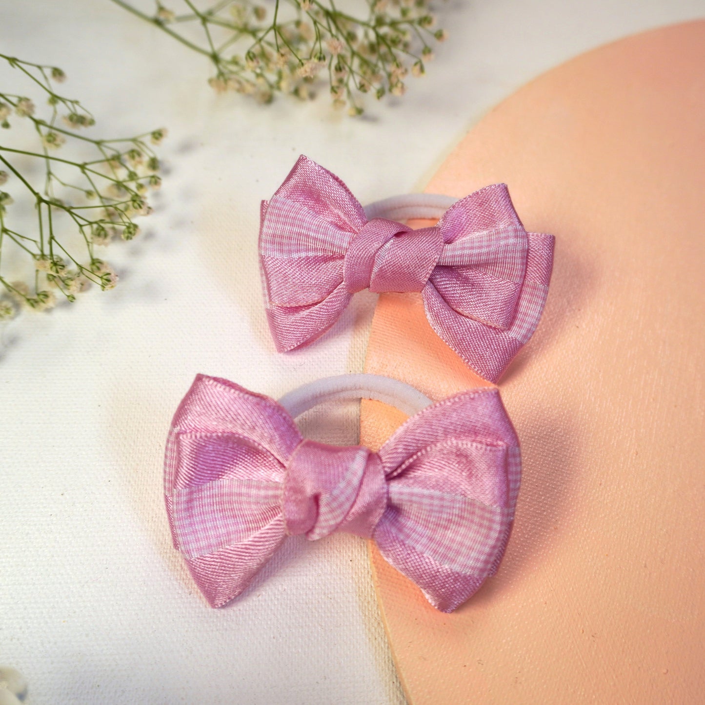 Set of two pink satin checkered bow hair ties for girls – Tesral Accessories