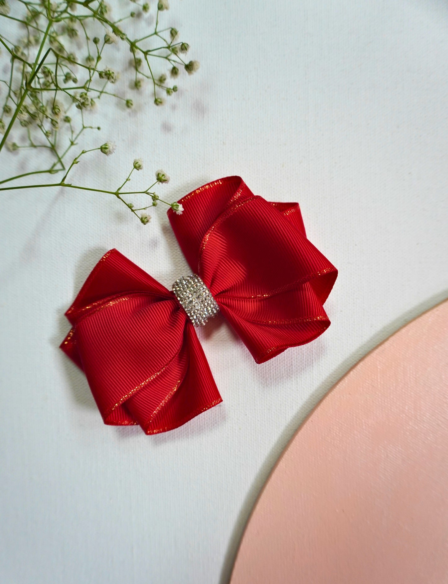 Butterfly Bling Bow in red grosgrain ribbon with golden edge and rhinestone centerpiece, elegant hair accessory on 7 cm alligator clip for girls and women