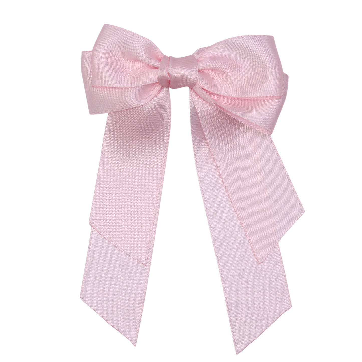 Tesral Cascade Pearl Pink Bow - soft, feminine double-sided satin hair bow with flowing tails, elegant barrette clip.