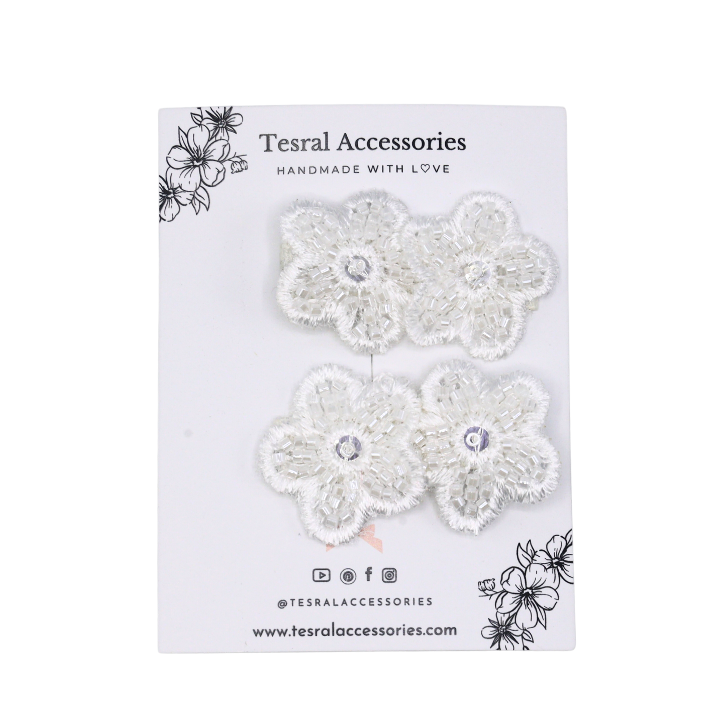 Tesral Embellished Bloom Hair Clips set - pair of white floral appliqués with beads and sequins on alligator clips, ideal for special occasions.