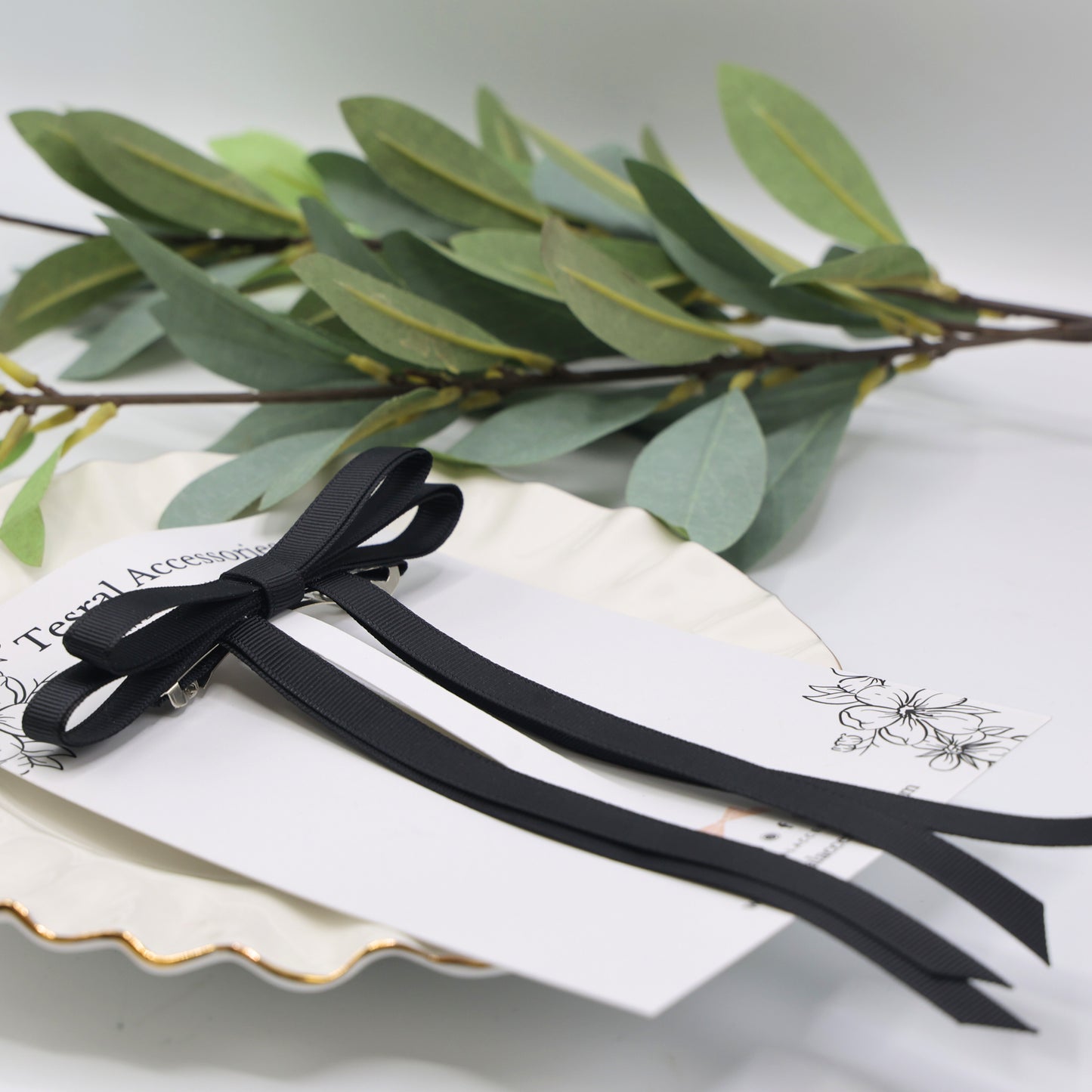 Tesral Ethereal Black Bow - timeless double-layered grosgrain ribbon barrette for sophisticated office and everyday hairstyles.