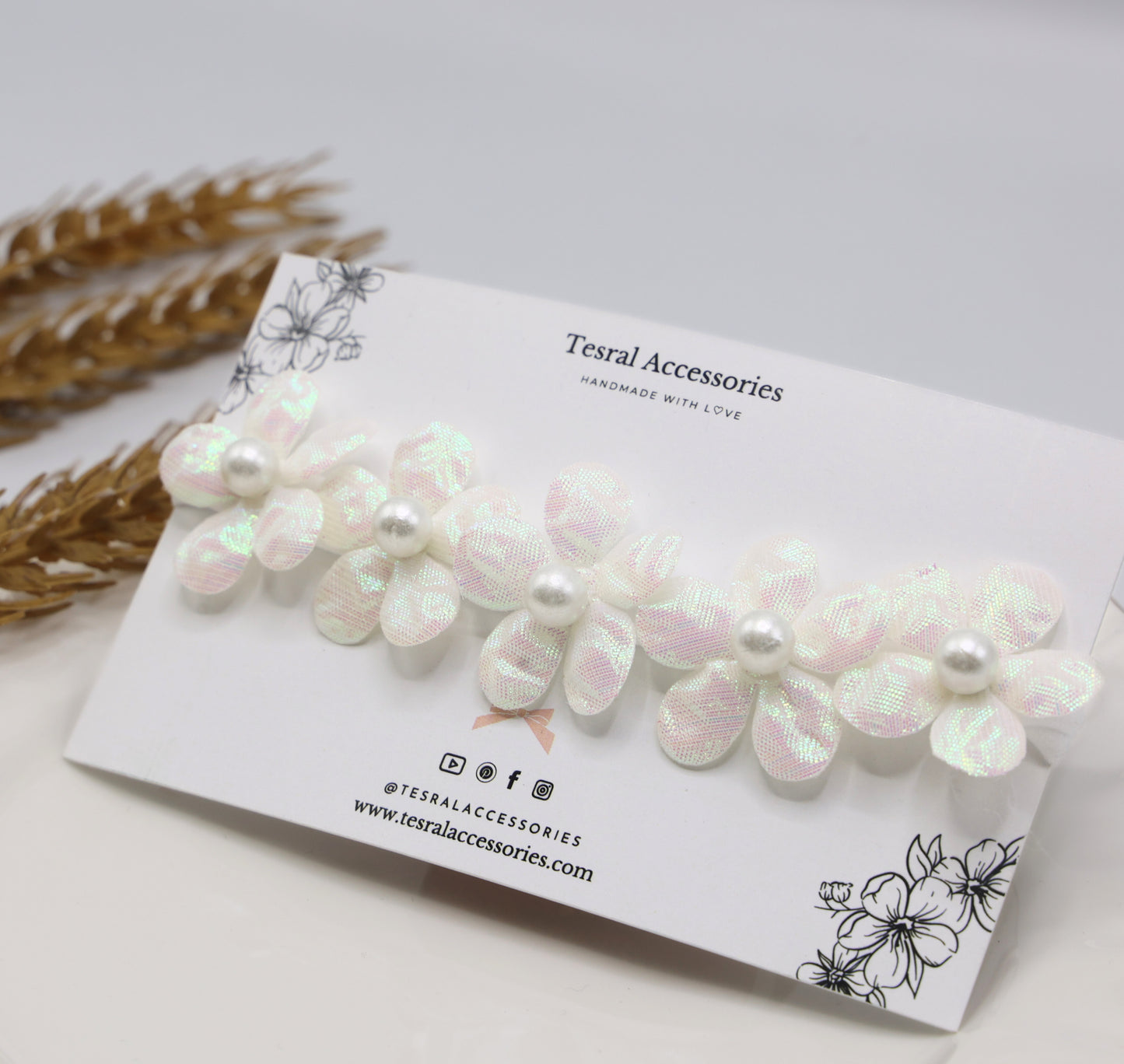 Fairy Frost Headband – ethereal baby headband with pearlescent flowers and satin centers by Tesral Accessories