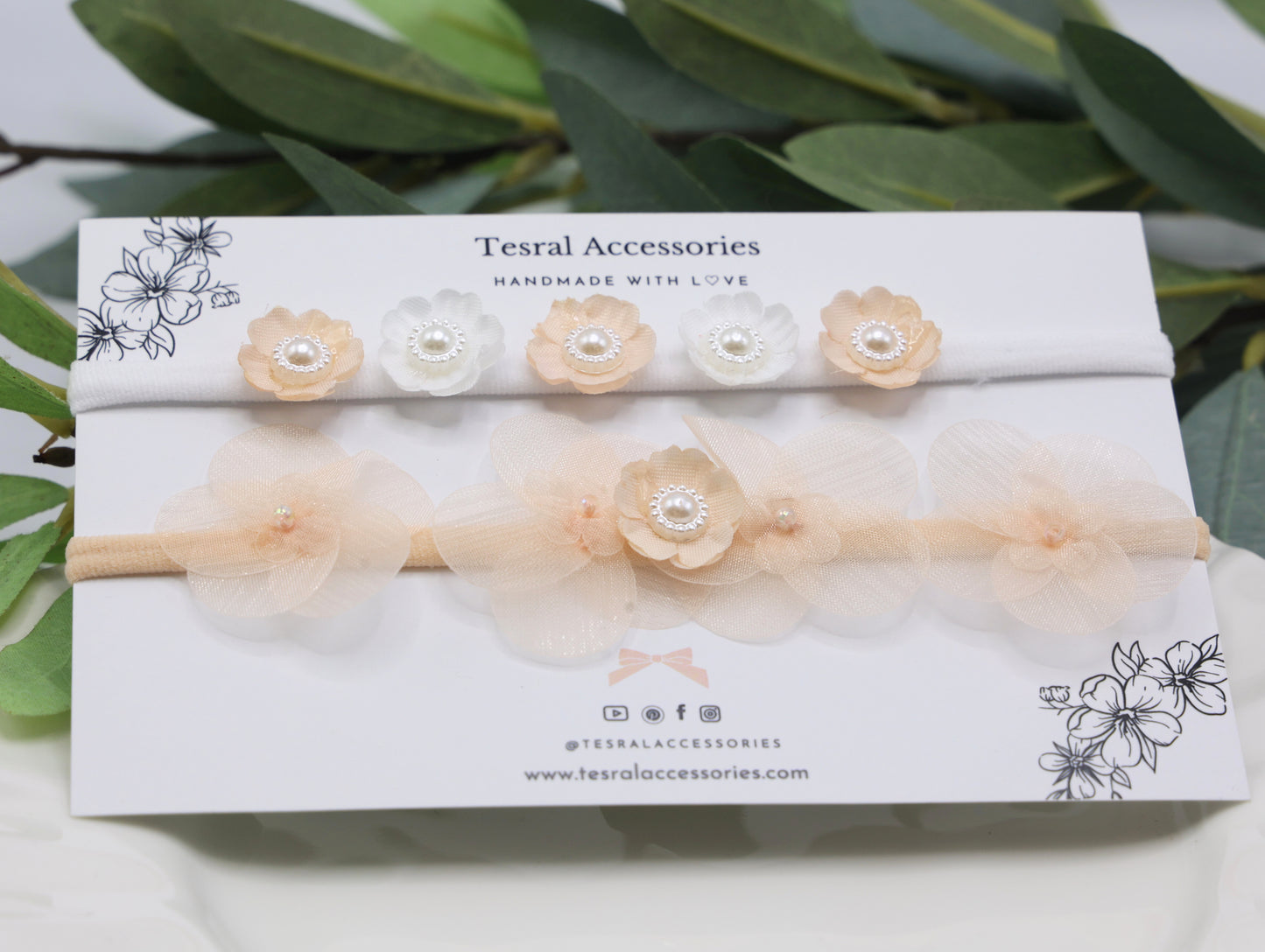 Tiara Bloom Headband Set in Peach – floral baby headbands with pearl detail by Tesral Accessories