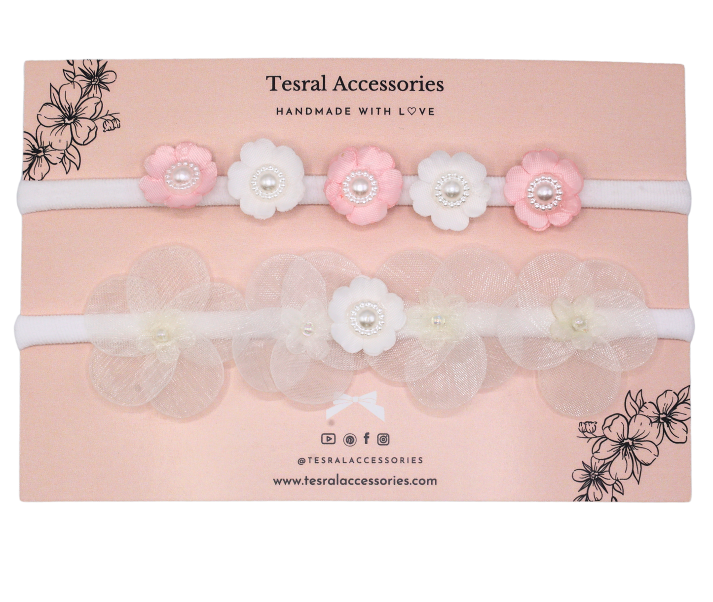 Zoom on layered petals and pearl-centered mini flowers from Tiara Bloom White and pink set