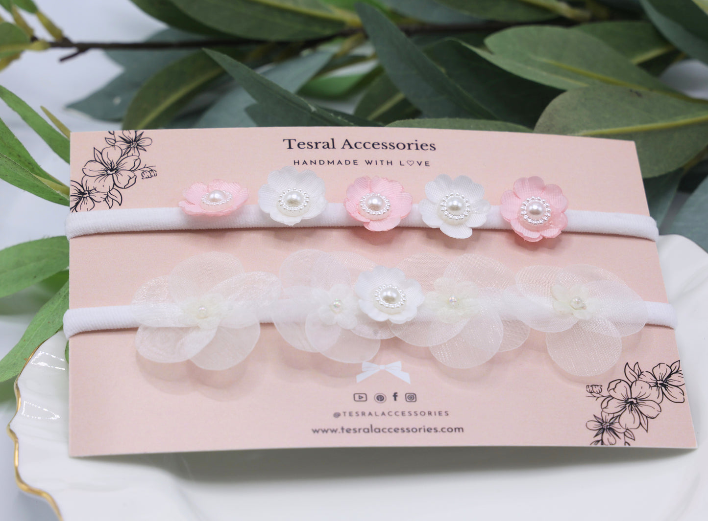 Tiara Bloom Headband in White – pink and white baby headbands with floral appliqués by Tesral Accessories