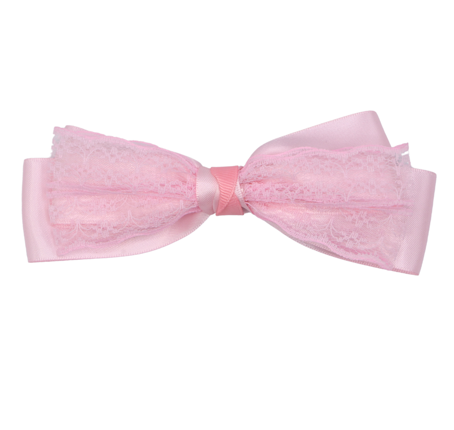 A pearl pink hair bow with a satin ribbon and lace detailing.