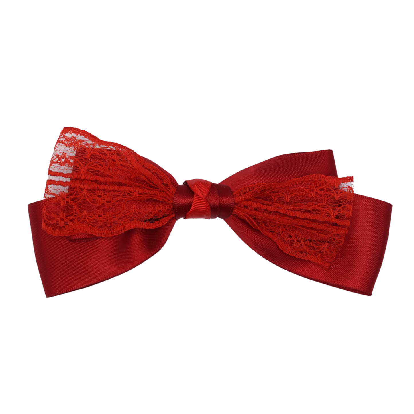 A red hair bow with double-sided satin layers and sheer red lace detail, secured with a French barrette.
