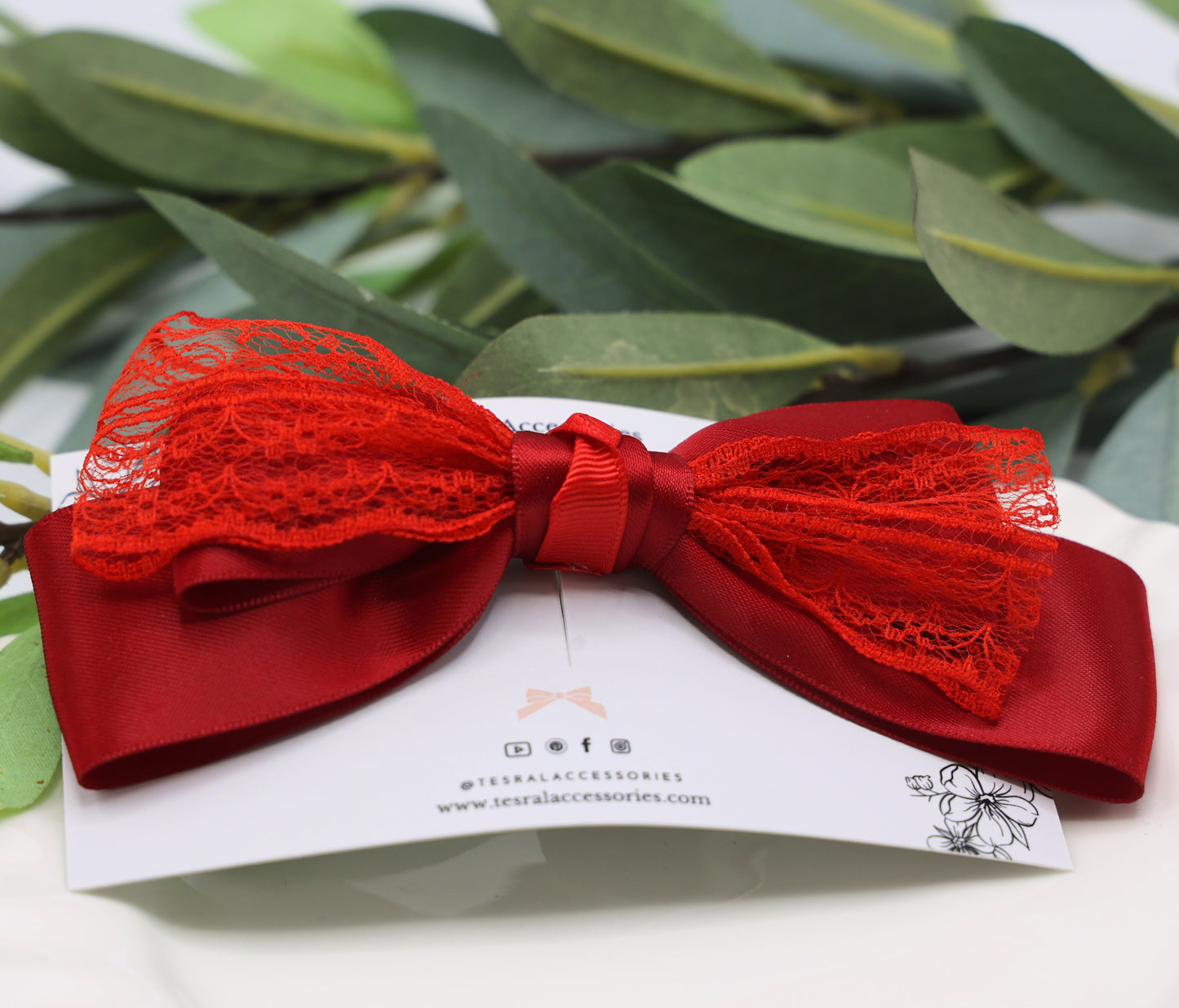 Glory Bow in Red – bold red satin and lace hair bow with vintage elegance by Tesral Accessories