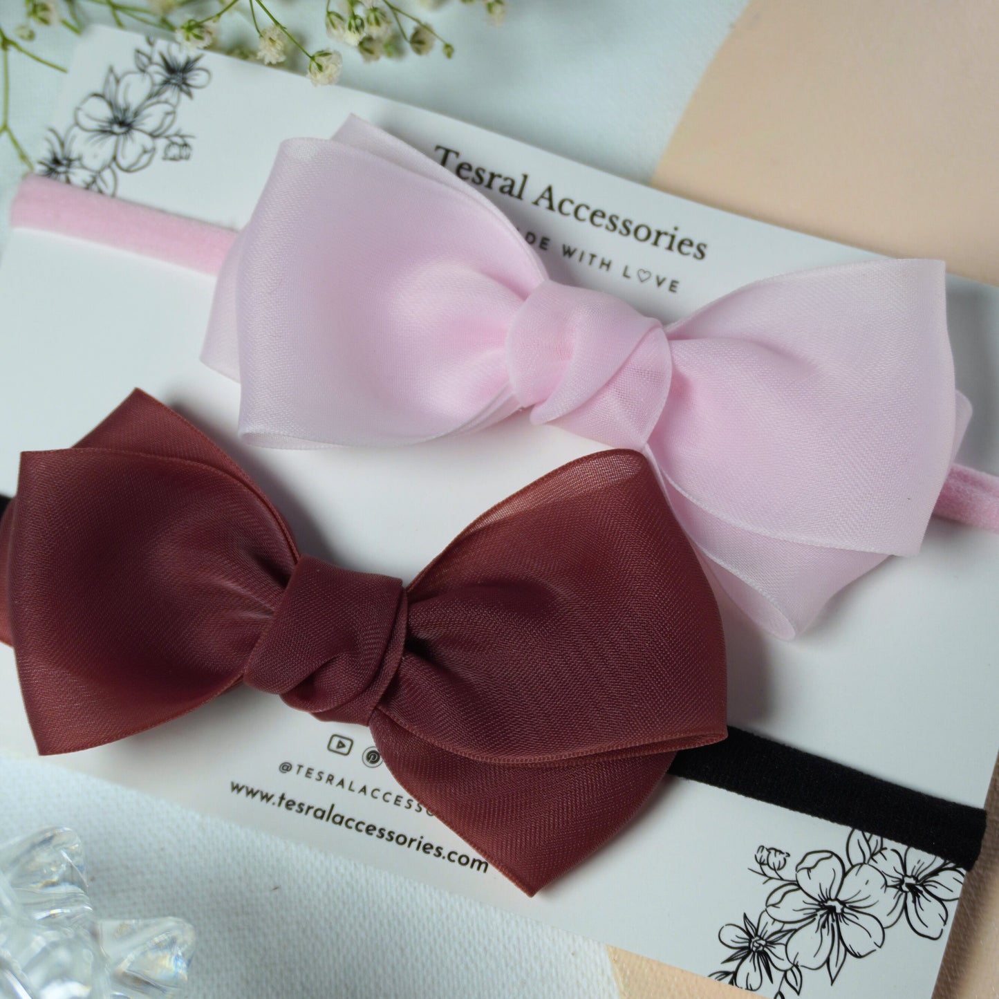 Feathery-soft pink and maroon stretch headband set for toddlers and newborns