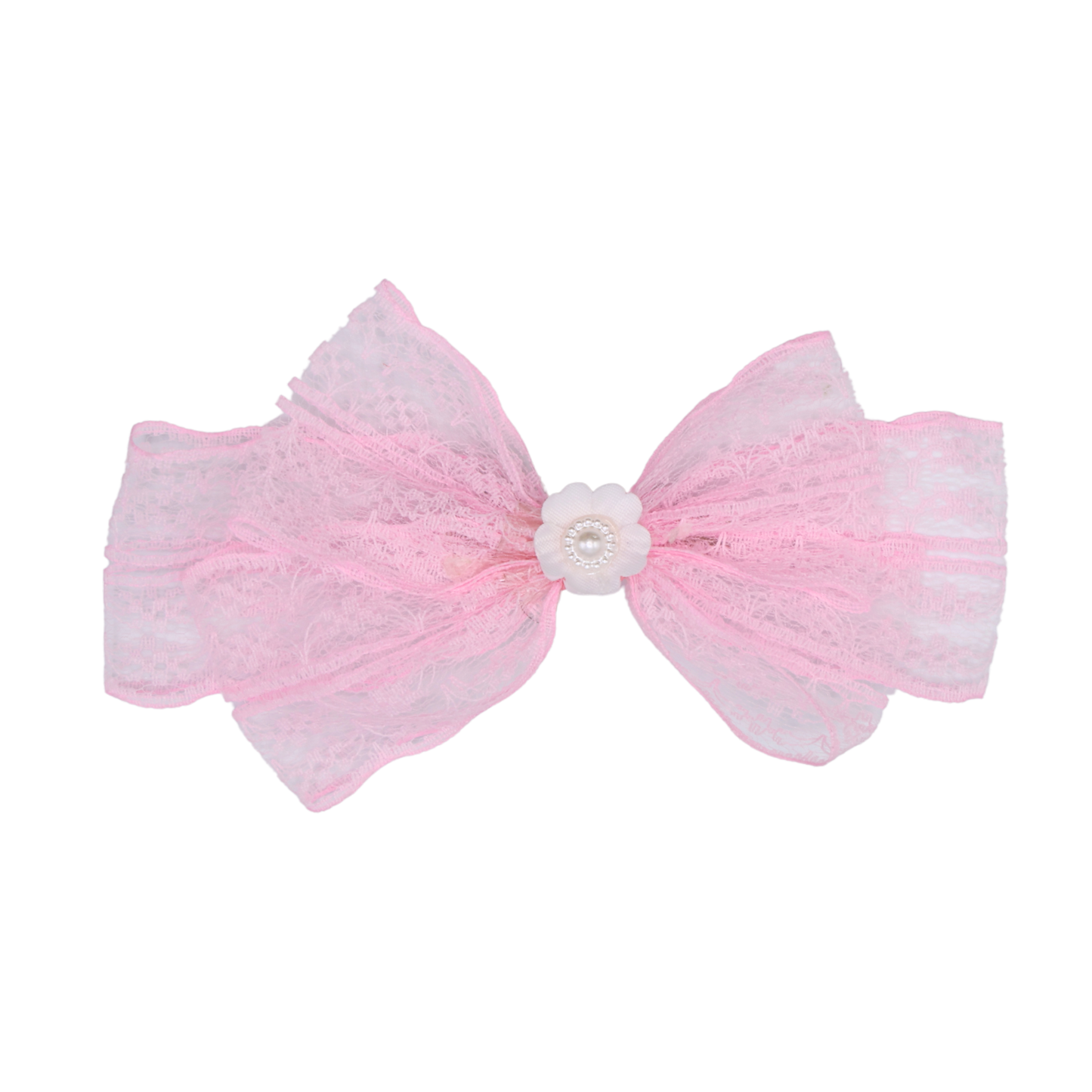 Close-up of Lace Lullaby's soft lace texture and central pearl floral detail – elegant styling hair bow by Tesral