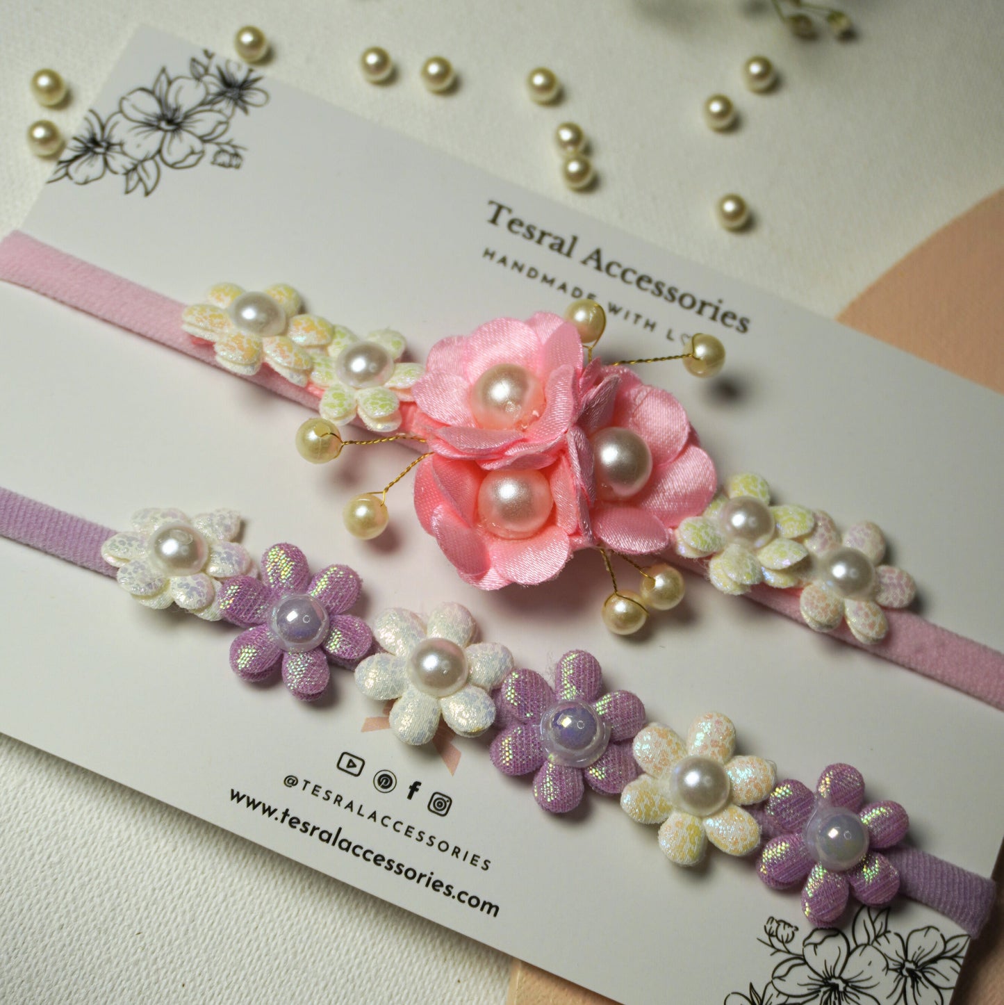 Tesral Accessories infant flower headband duo with pearl and iridescent accents