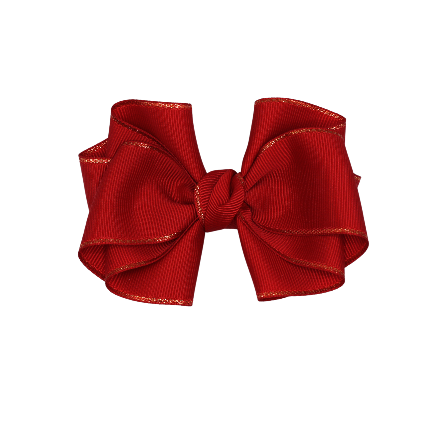 Zoomed-in detail of Party Pop Hair Bow by Tesral showing bold red and gold ribbon combination with neat stitching.