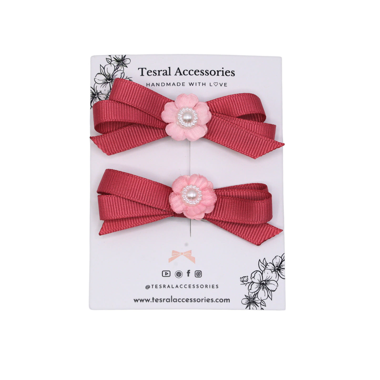 Colonial pink grosgrain ribbon twin bows with flower centerpiece —cute toddler hair accessories.