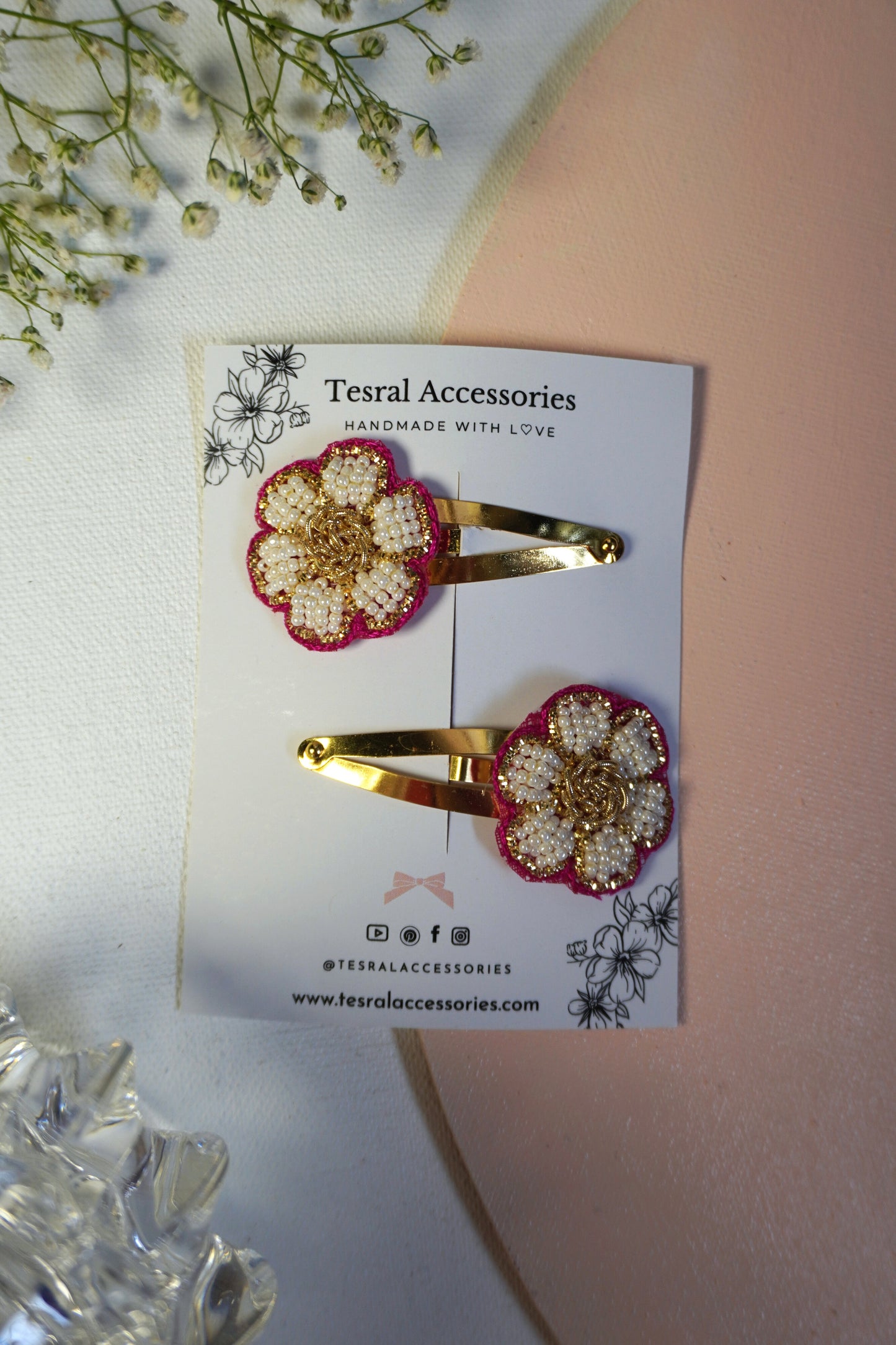 Pink and white kad dana bead work floral hair clips set on golden snap clips
