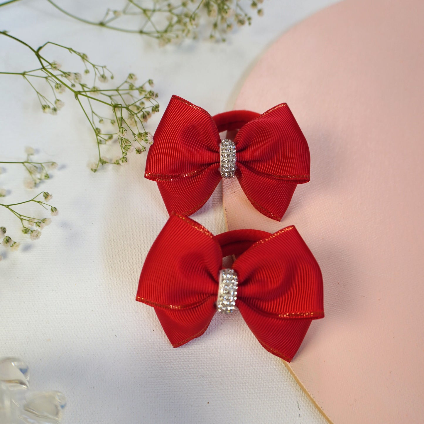 Set of two red grosgrain bow hair ties with rhinestone center and golden edge – Tesral Accessories