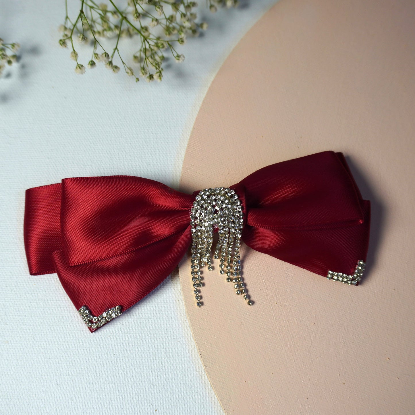 Red satin hair bow with sparkling rhinestone fringe – Tesral Accessories festive party hair accessory