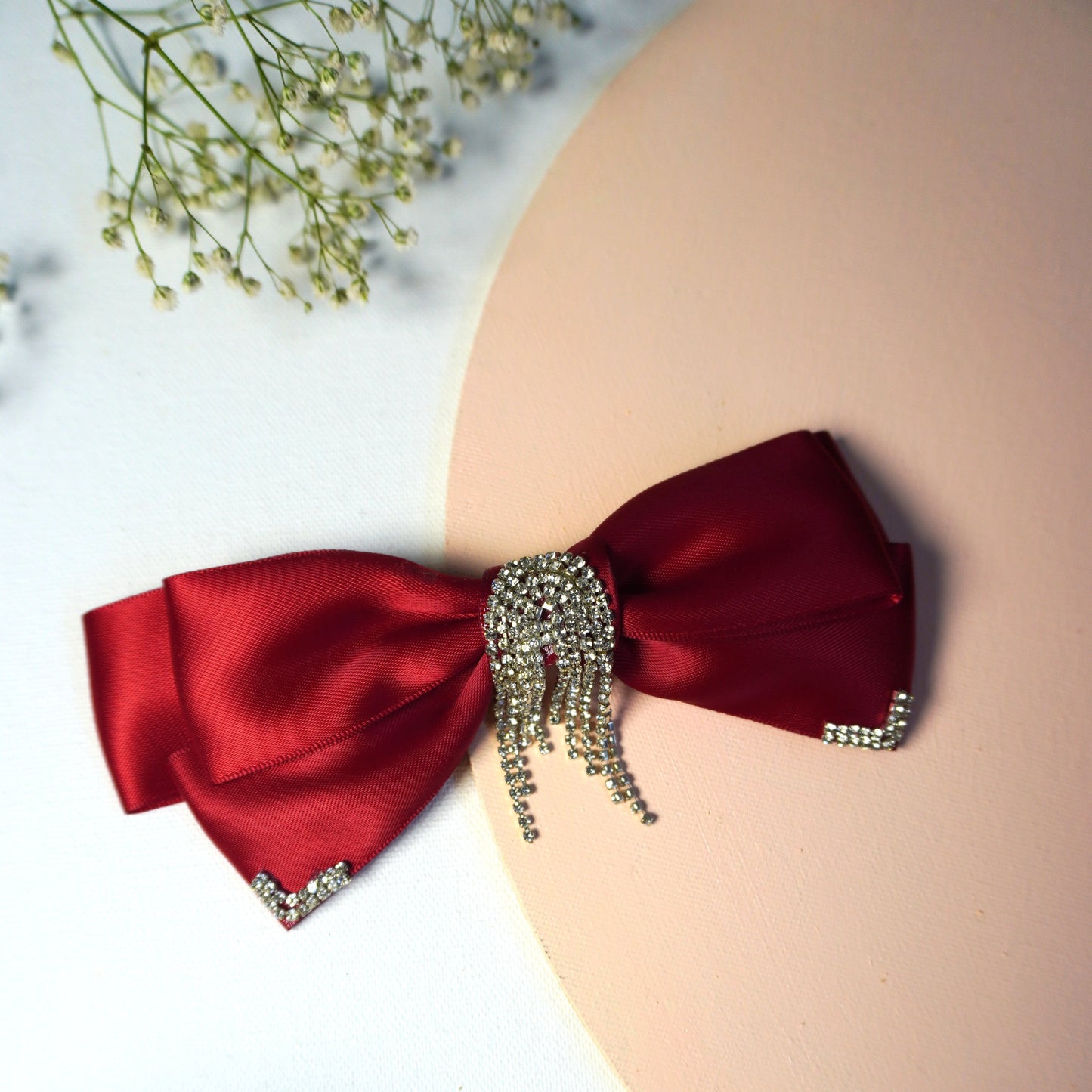 Luxury red hair bow with glittering rhinestone fringe – Tesral Accessories evening party hair bow