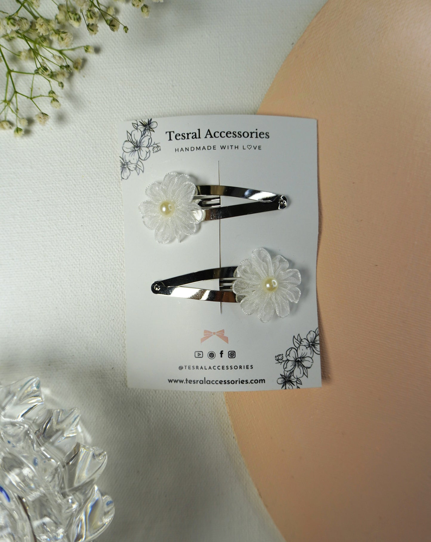 Delicate fabric flower hair clips with silver hardware for baby and toddler