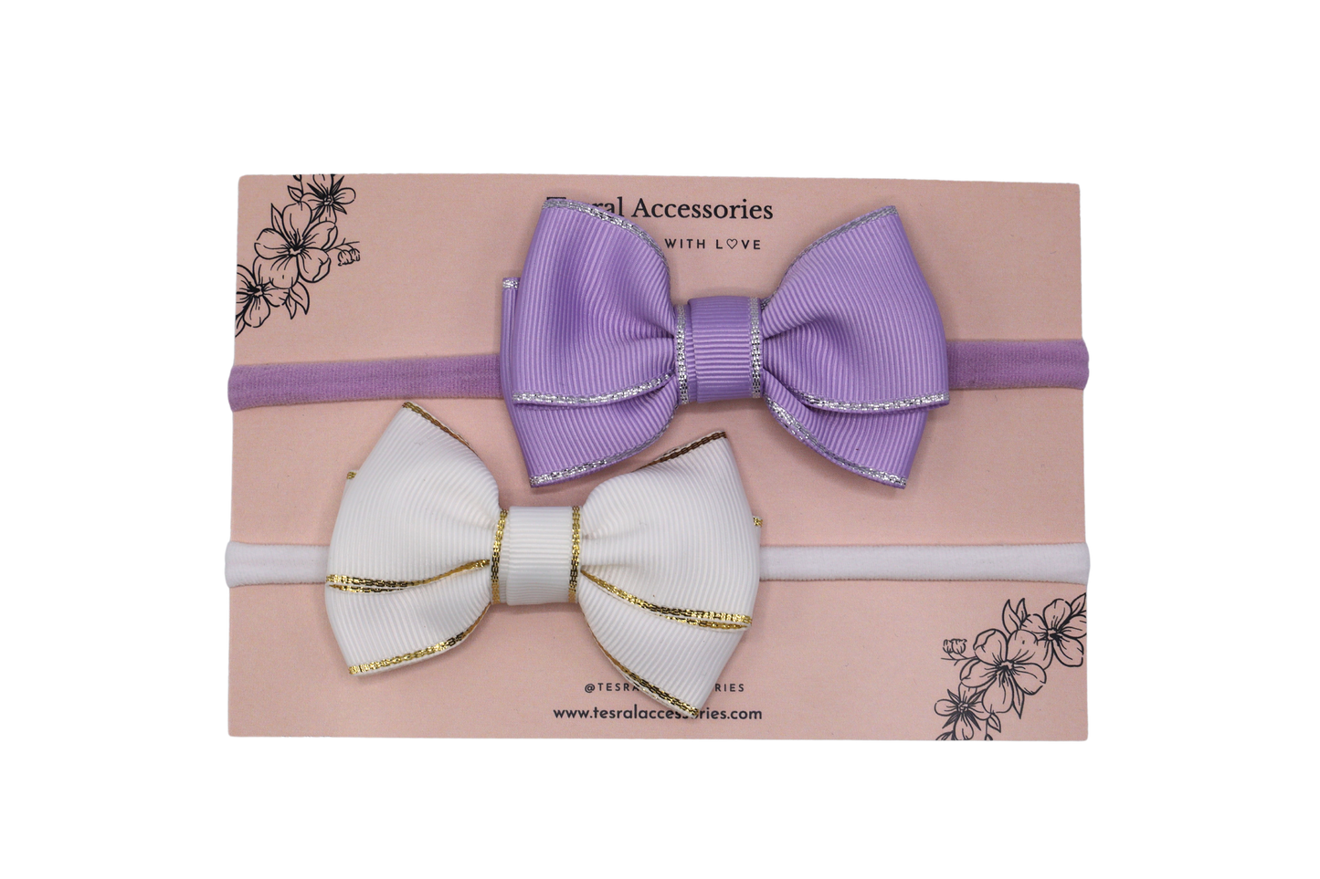 Close-up of lavender and white grosgrain hair bows on soft nylon headbands – handmade baby accessories by Tesral
