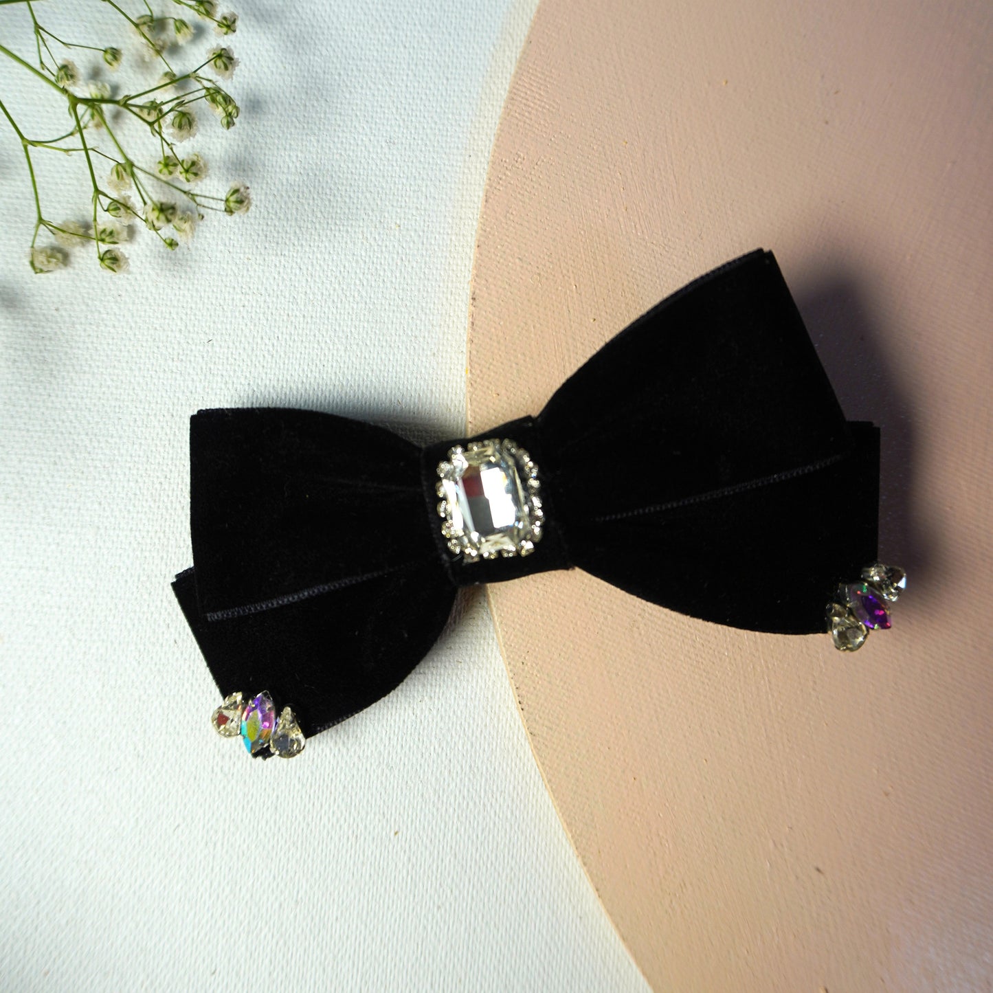 Elegant black velvet bow hair clip with crystal detailing – luxury hair accessory by Tesral Accessories