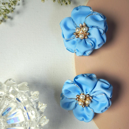 Set of two blue flower hair bows with silver edge and pearl center – Tesral Accessories elegant kids clips