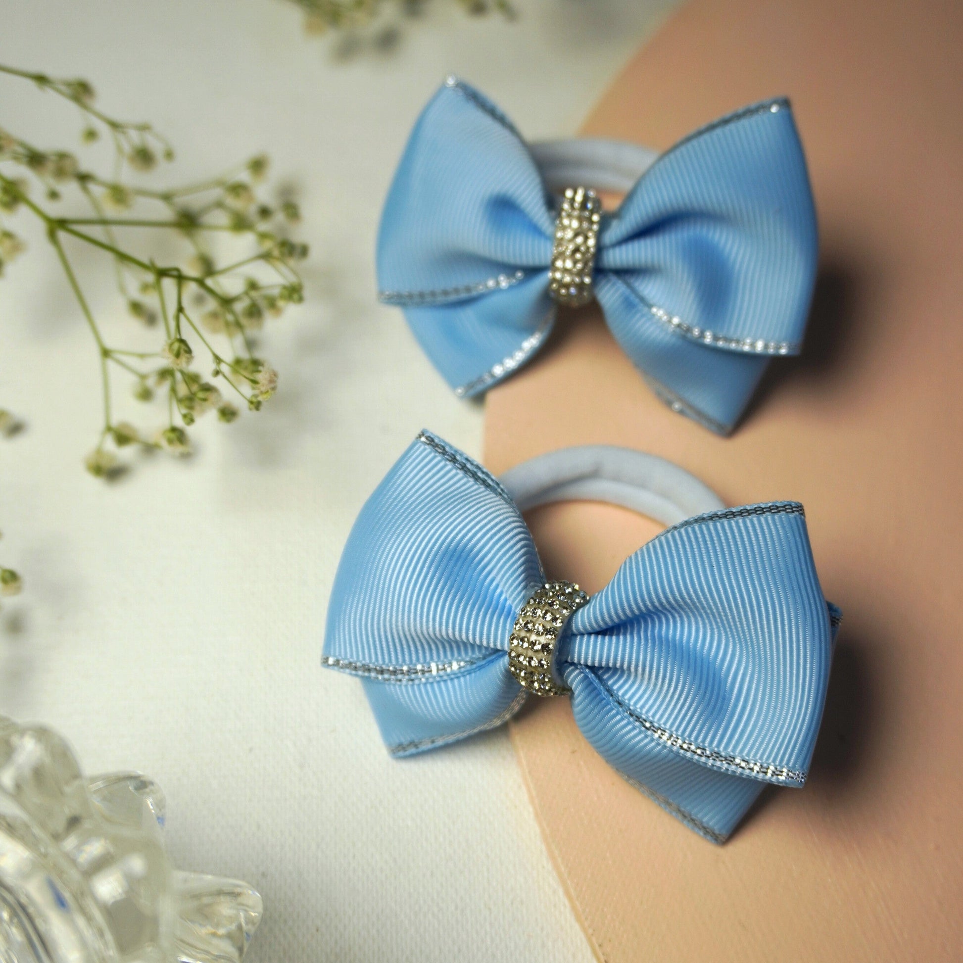 Elegant blue grosgrain ribbon hair ties with silver trim and crystal detail – Tesral Accessories