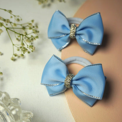 Elegant blue grosgrain ribbon hair ties with silver trim and crystal detail – Tesral Accessories