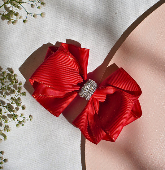Butterfly Bling Hair Bow in red grosgrain ribbon with golden edge and rhinestone centerpiece, elegant hair accessory on 7 cm alligator clip for girls and women