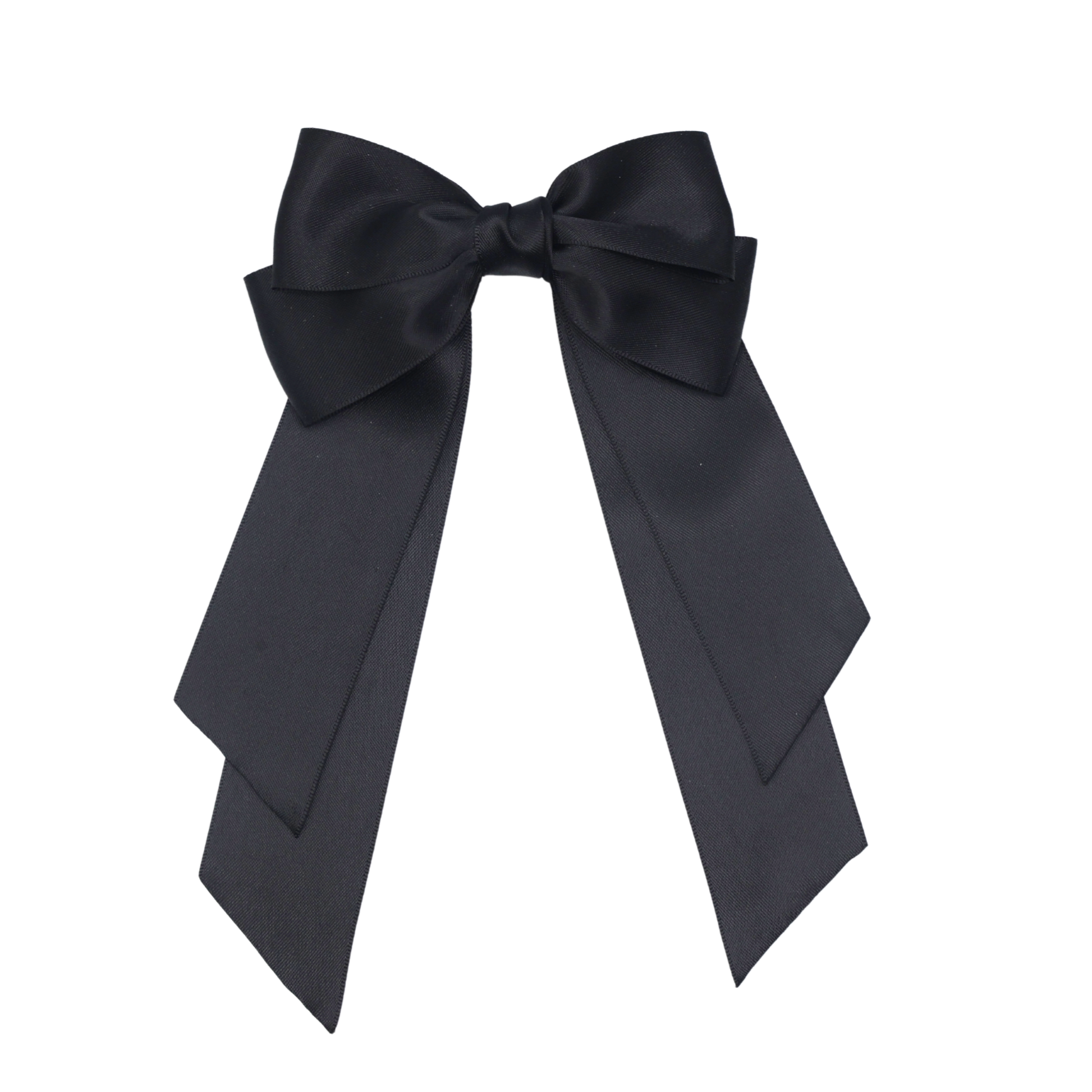 Tesral Cascade Black Satin Bow - chic, versatile hair accessory for sleek ponytails, modern minimalist style.