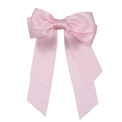  Tesral Cascade Pearl Pink Bow - soft, feminine double-sided satin hair bow with flowing tails, elegant barrette clip.