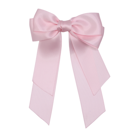  Tesral Cascade Pearl Pink Bow - soft, feminine double-sided satin hair bow with flowing tails, elegant barrette clip.