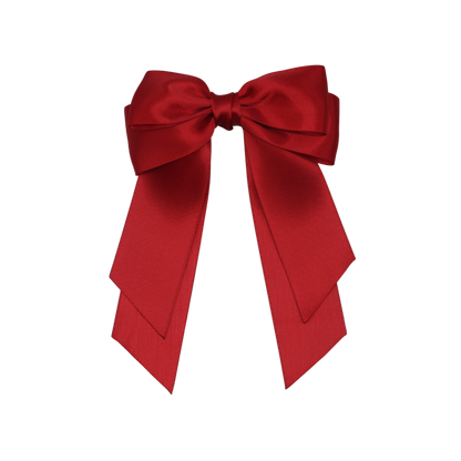 Tesral Cascade Scarlet Red Bow - luxurious double-sided satin hair bow with long cascading tails, elegant and secure.