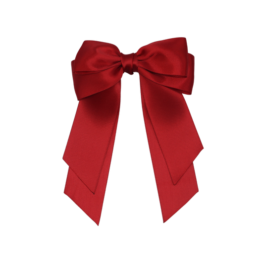 Tesral Cascade Scarlet Red Bow - luxurious double-sided satin hair bow with long cascading tails, elegant and secure.