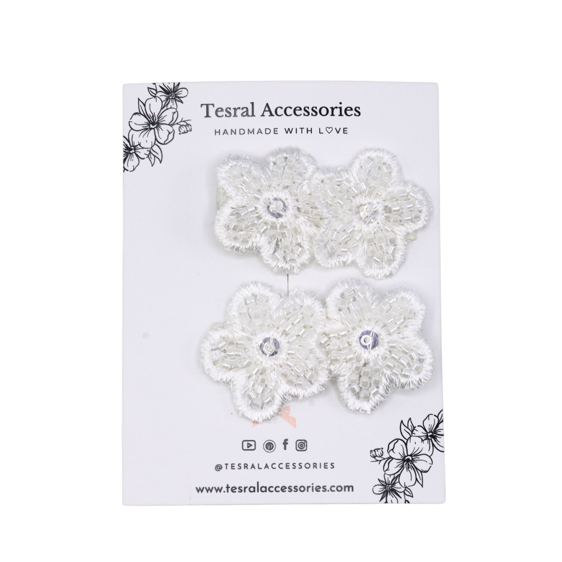  Tesral Embellished Bloom Hair Clips set - pair of white floral appliqués with beads and sequins on alligator clips, ideal for special occasions.