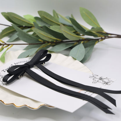 Tesral Ethereal Black Bow - timeless double-layered grosgrain ribbon barrette for sophisticated office and everyday hairstyles.