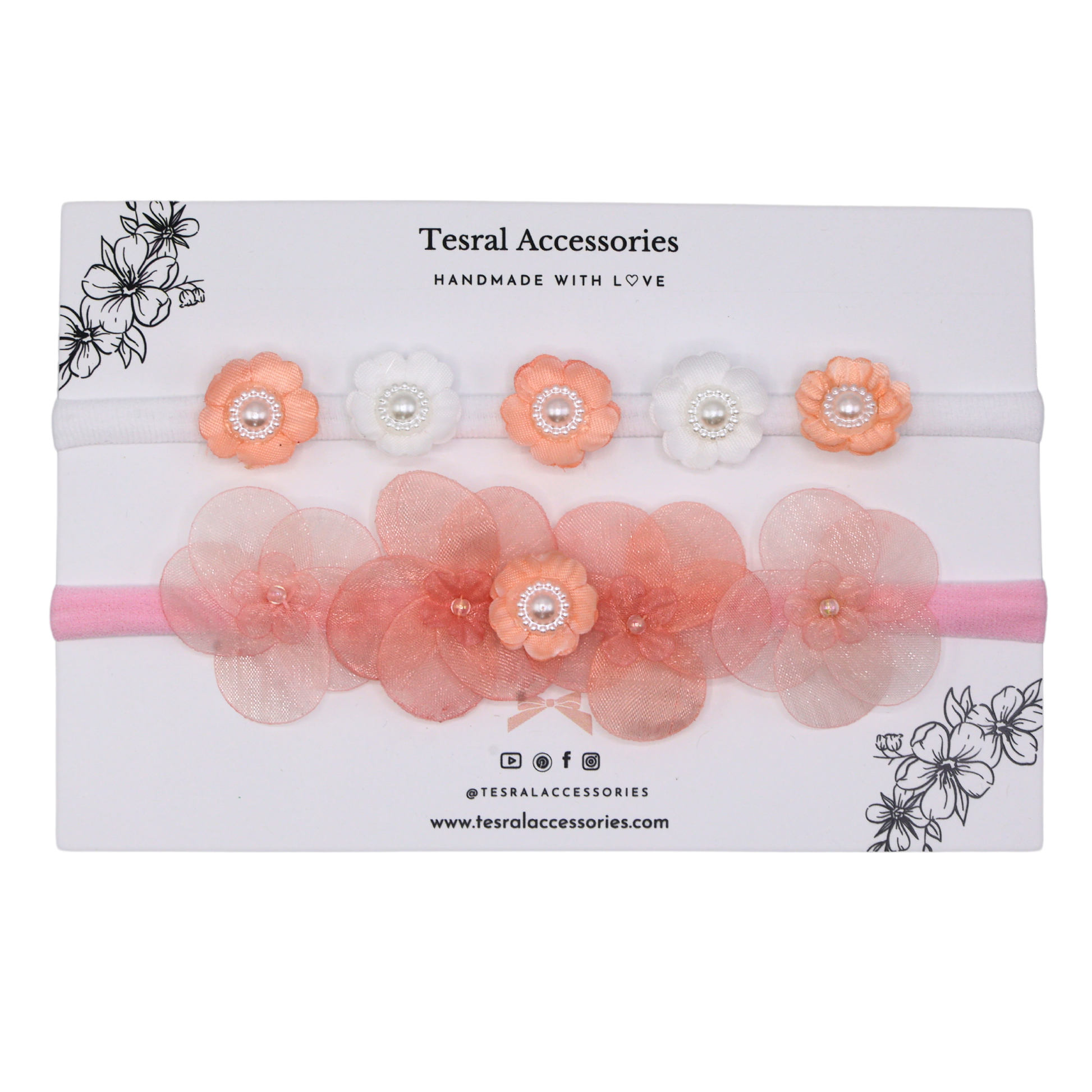 A set of two headbands with flowers in shades of pink and white, displayed in packaging with the brand Tesral Accessories