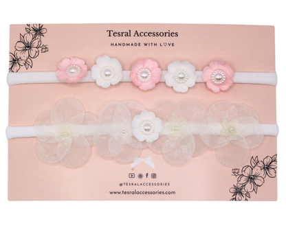 Zoom on layered petals and pearl-centered mini flowers from Tiara Bloom White and pink set