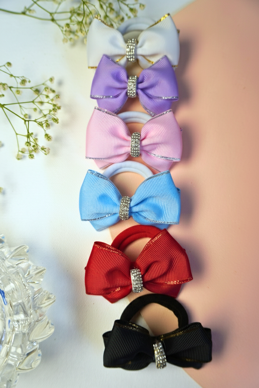 Set of six grosgrain bow hair ties in assorted colors with rhinestone center and shimmer edge – Tesral Accessories