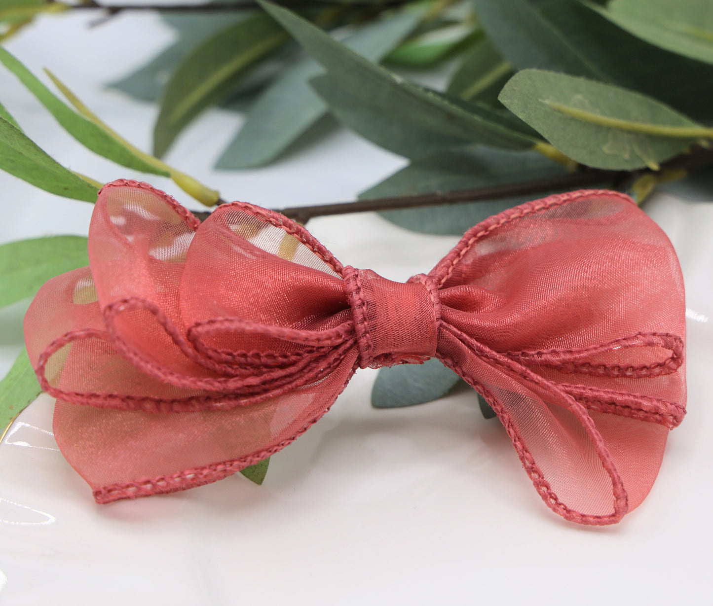 Glow Bow in peachy mauve organza – dreamy triple-layered sheer hair bow by Tesral Accessories