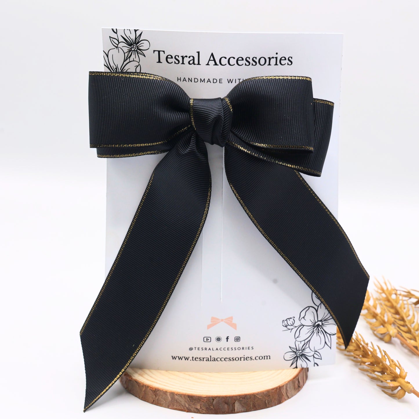 Golden Grace Bow with metallic edge – long-tailed grosgrain ribbon bow clip by Tesral Accessories