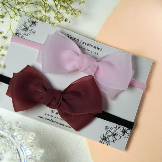 Tesral Accessories delicate organza bow baby headbands in maroon and light pink