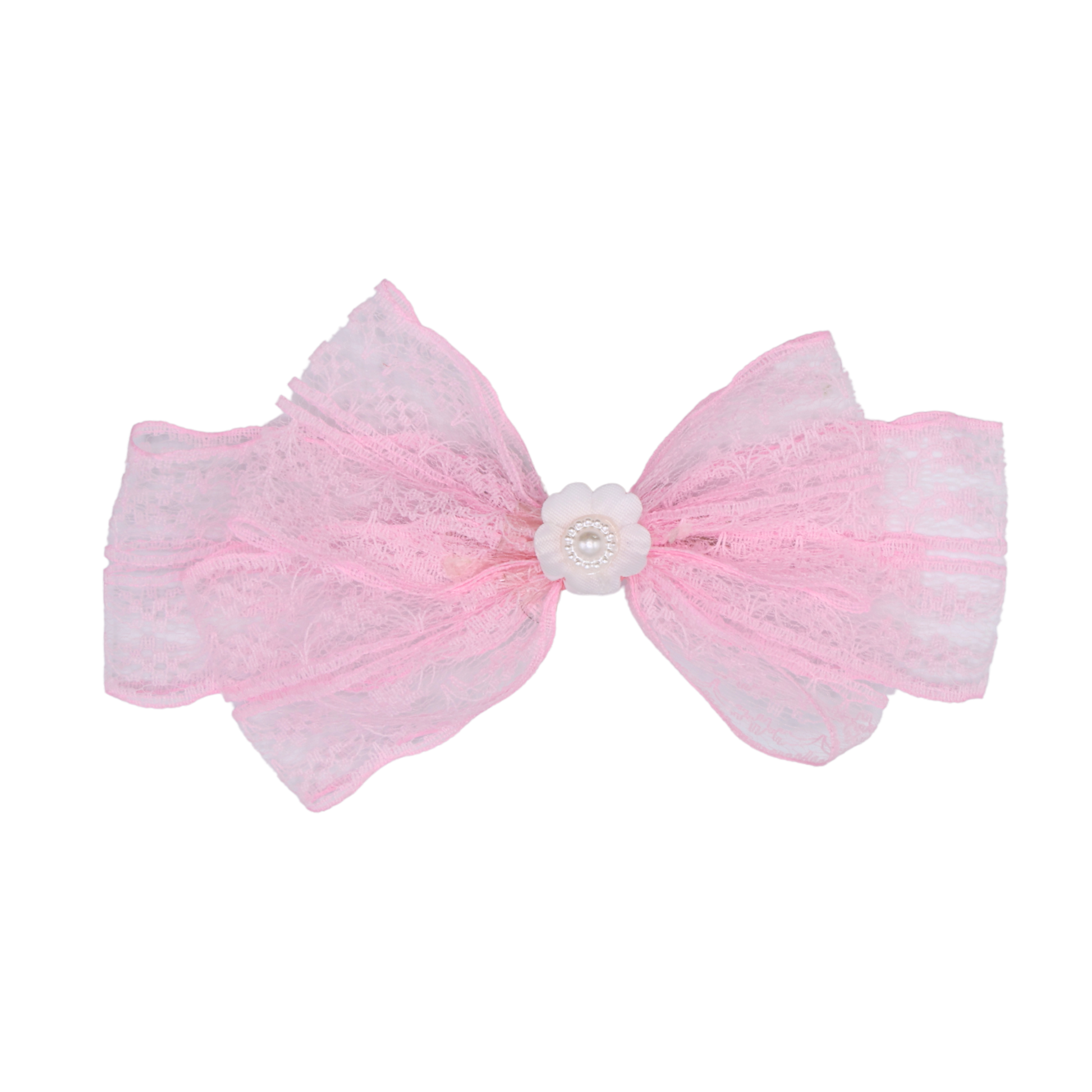 Close-up of Lace Lullaby's soft lace texture and central pearl floral detail – elegant styling hair bow by Tesral