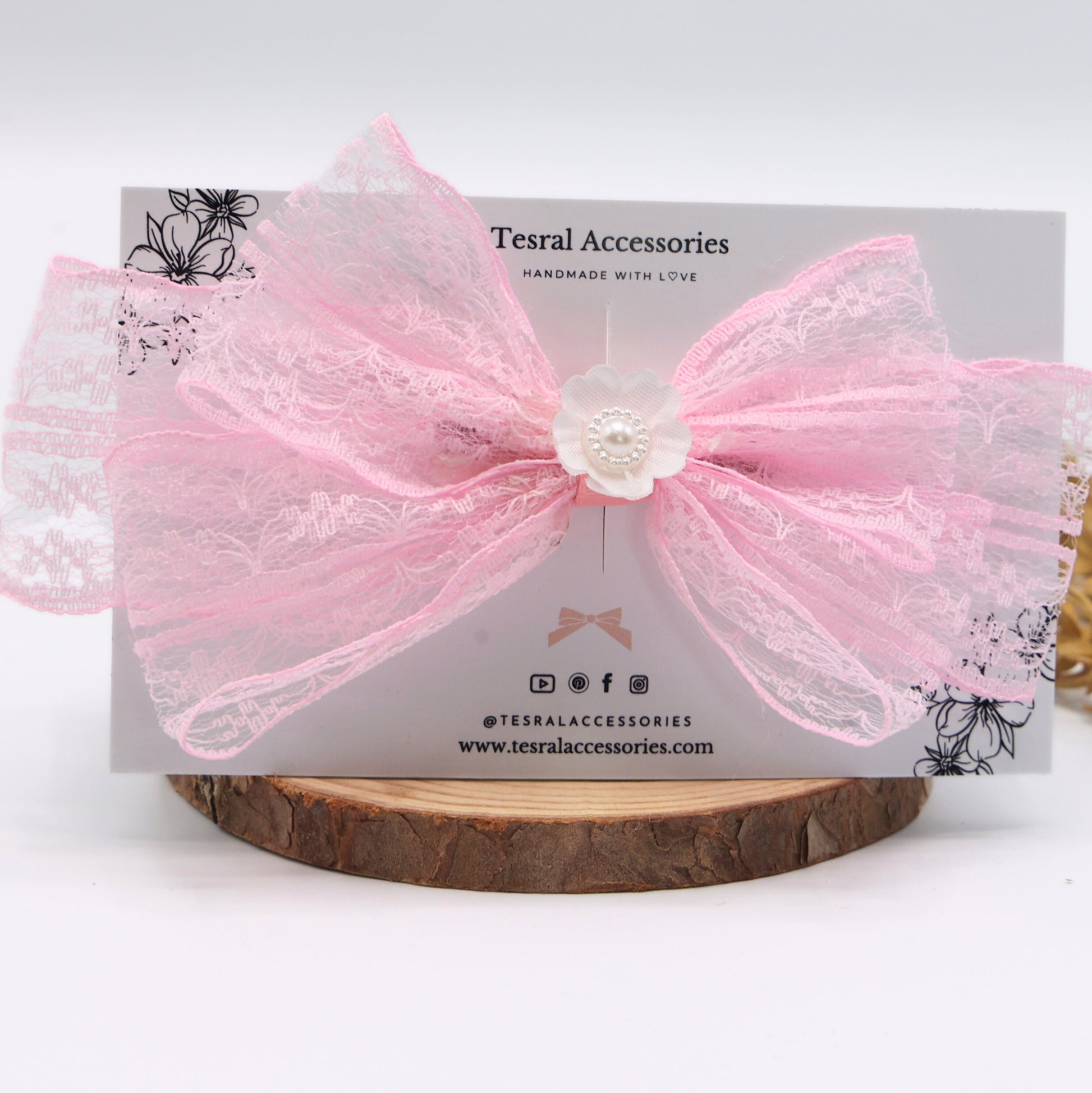 Lace Lullaby pink lace hair bow with pearl flower center – romantic hair accessory by Tesral Accessories