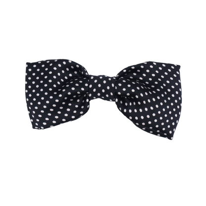 Close-up of Midnight Dots Hair Bow showing elegant satin texture and classic polka dot pattern.