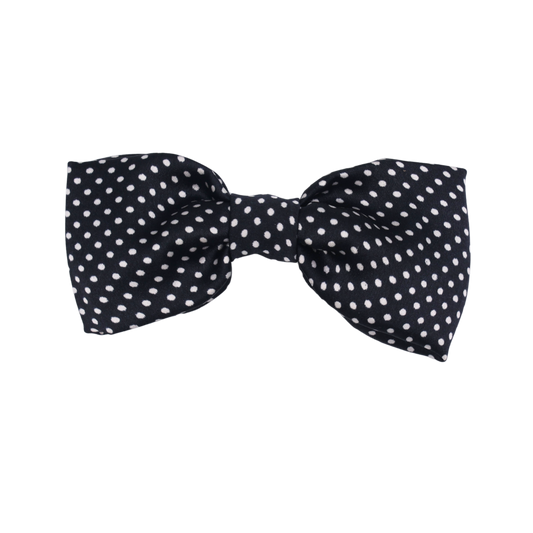 Close-up of Midnight Dots Hair Bow showing elegant satin texture and classic polka dot pattern.