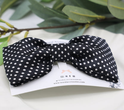 Tesral Midnight Dots Hair Bow for women, black satin with white polka dots on durable French barrette, timeless style.