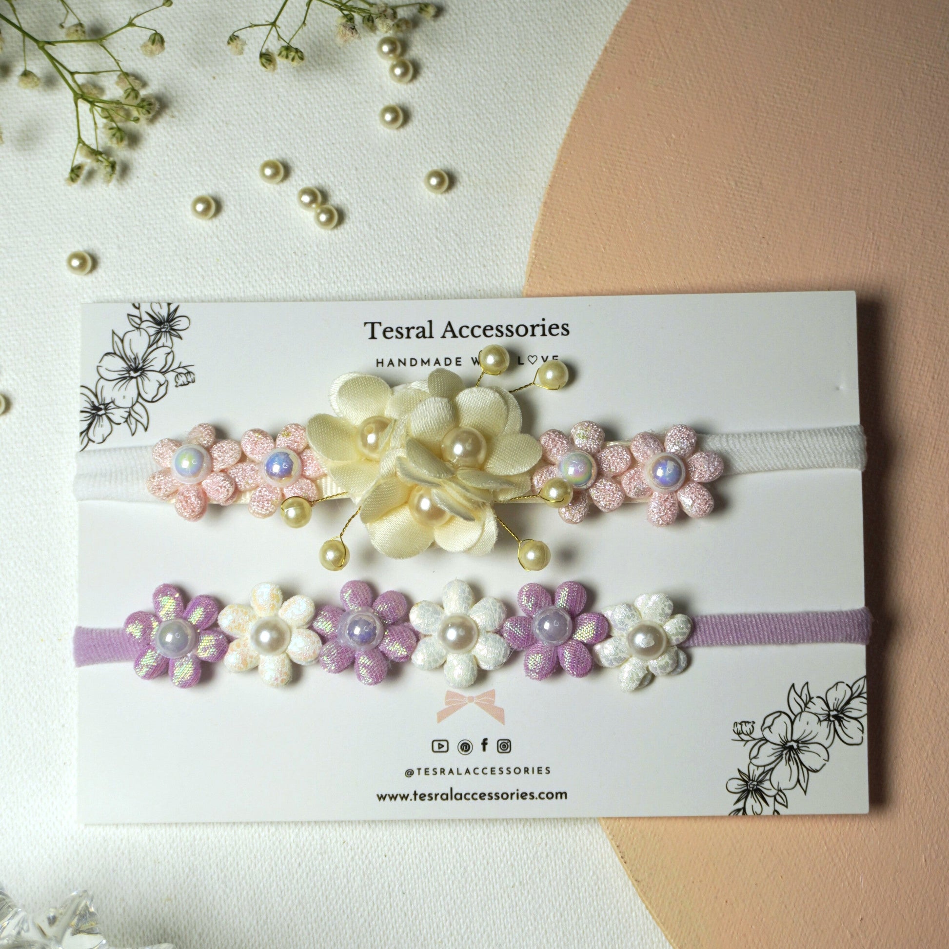 Tesral Accessories white and purple iridescent floral headband set for baby girls