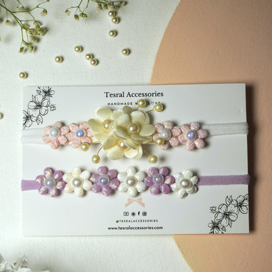 Tesral Accessories white and purple iridescent floral headband set for baby girls