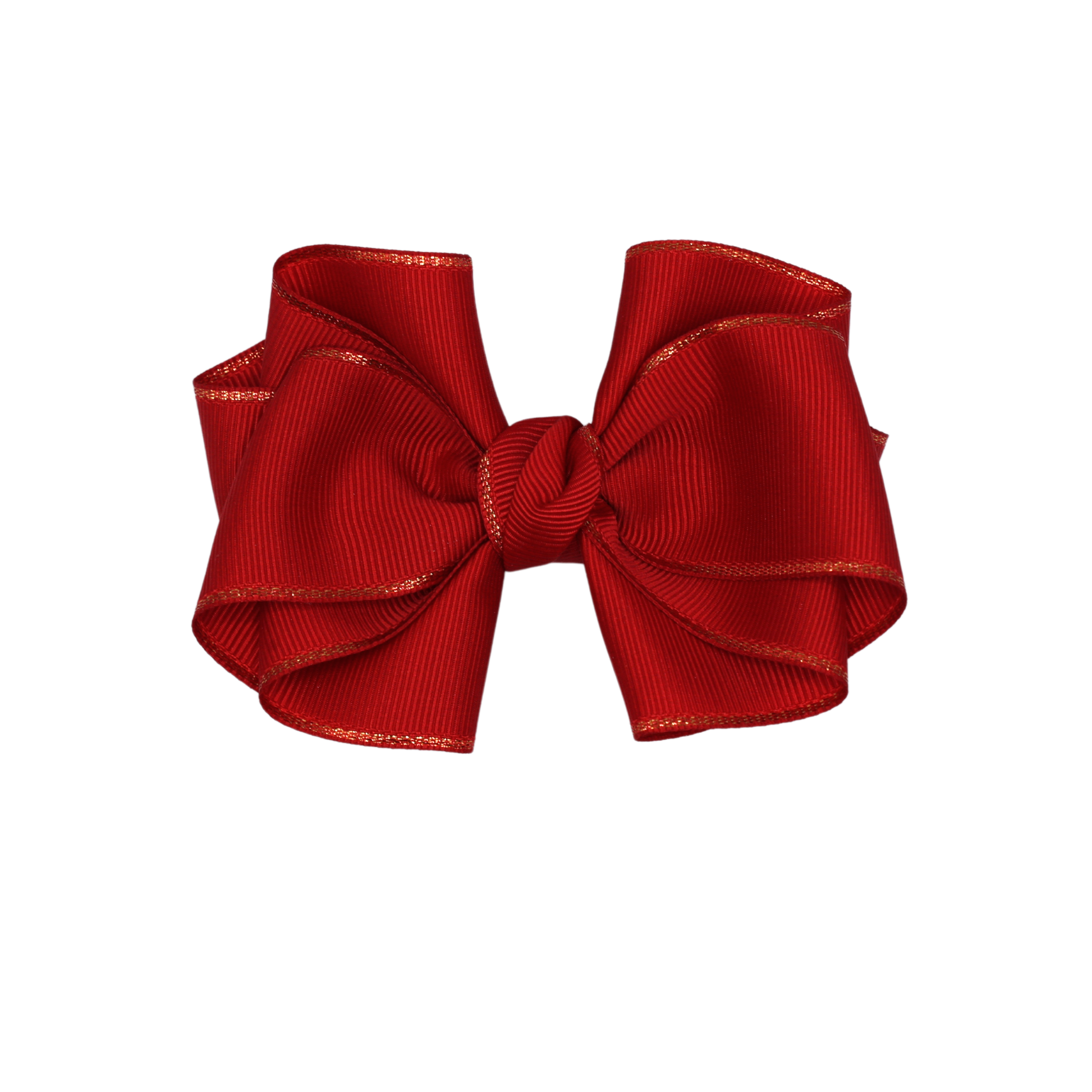 Zoomed-in detail of Party Pop Hair Bow by Tesral showing bold red and gold ribbon combination with neat stitching.